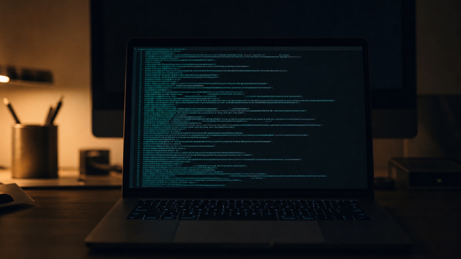 An open laptop at night showing dense teal source code, a dark second monitor and a pen pot behind it.