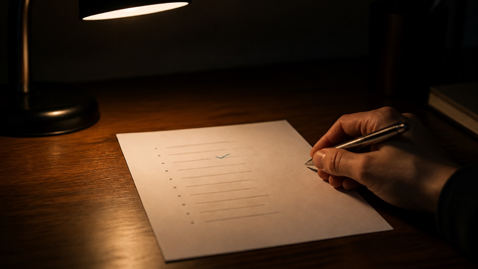 A printed checklist on a desk under a warm lamp, one line ticked in teal, a hand holding a pen beside it.