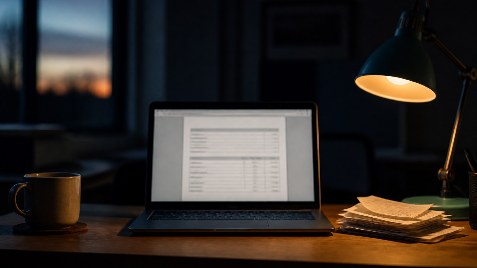 A laptop showing an invoice on a dark desk at dusk, beside a stack of paper receipts and a lit lamp.