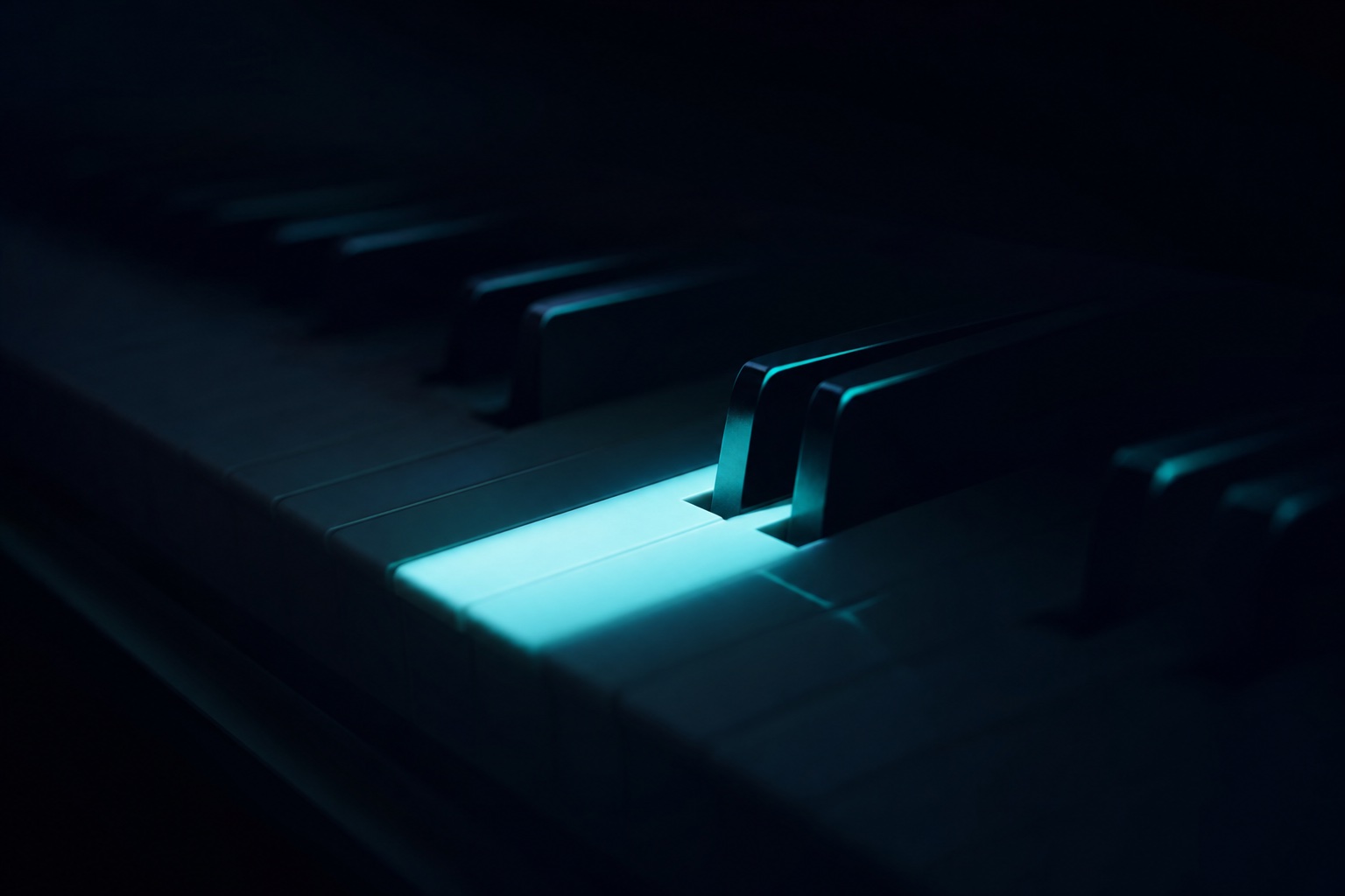 A single piano key lit by a beam of teal light in a dark room, every other key in shadow.