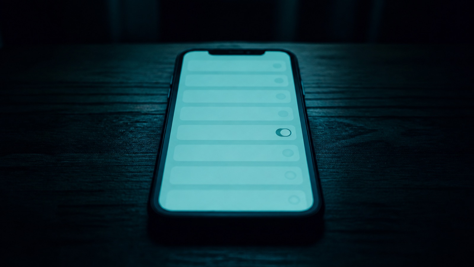 A phone face up on a dark wooden table at night, its teal screen showing a list of settings toggles.